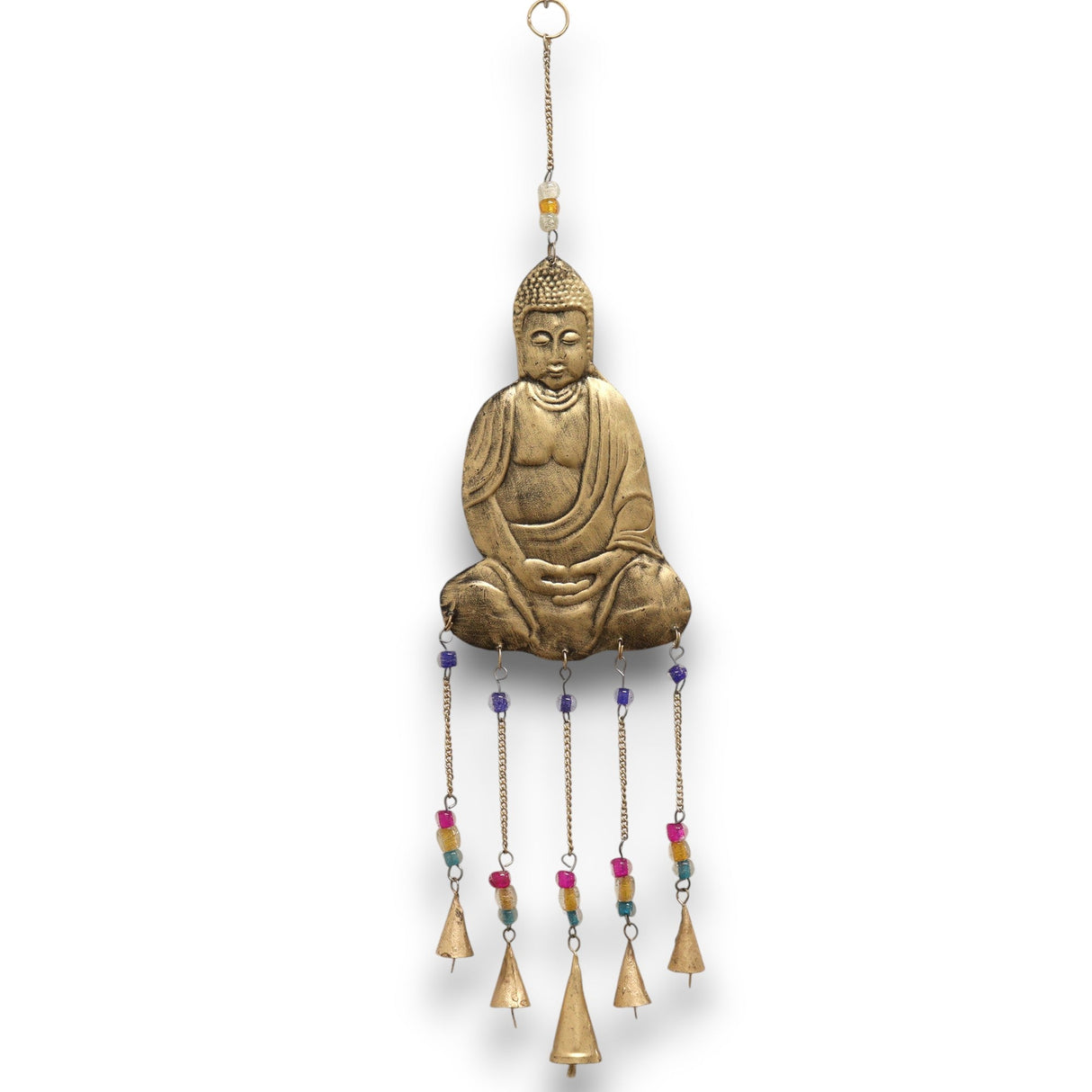 Serene Buddha Wind Chime with 5 Brass Bells - Handcrafted Indian Decor for Tranquil Spaces - SHAMTAM.COM