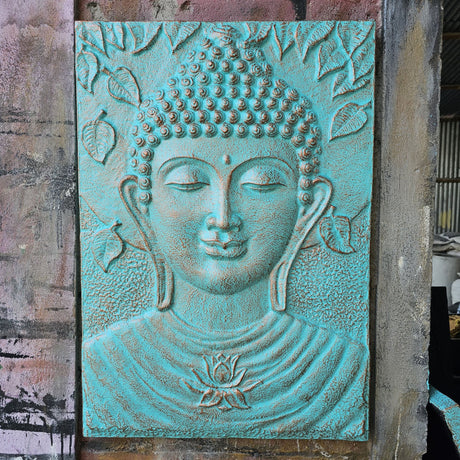 Serene Turquoise Buddha Relief Wall Art with Lotus and Leaf Motifs - 0.7x1m Spiritual Decor - SHAMTAM.COM
