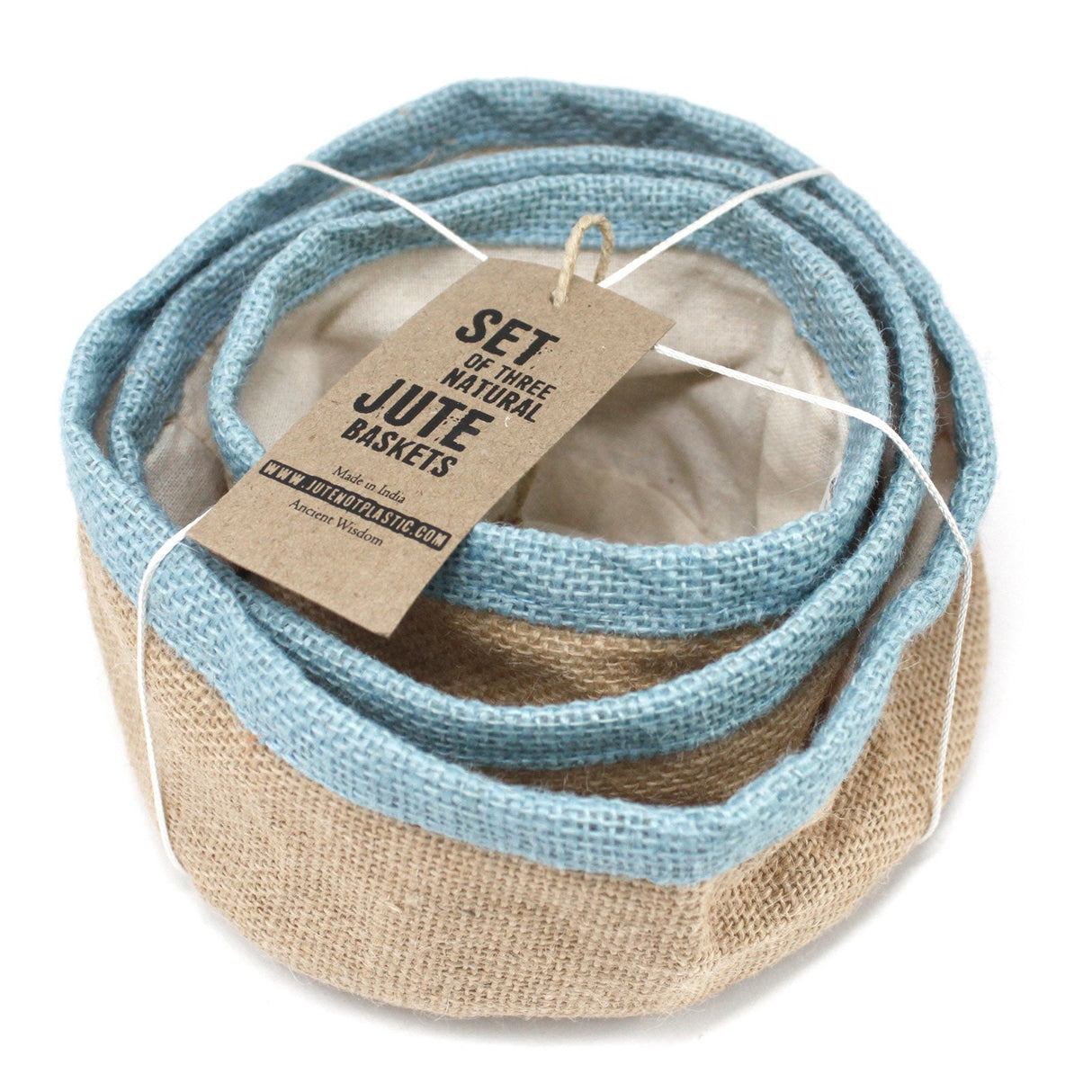 Set of 3 Natural Jute Baskets - Teal - SHAMTAM.COM