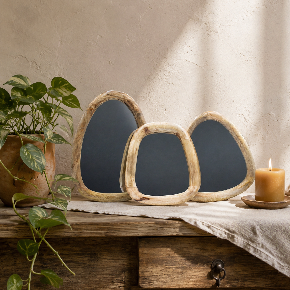 Set of 3 Pebble Shaped Mirrors - Light Wood Finish