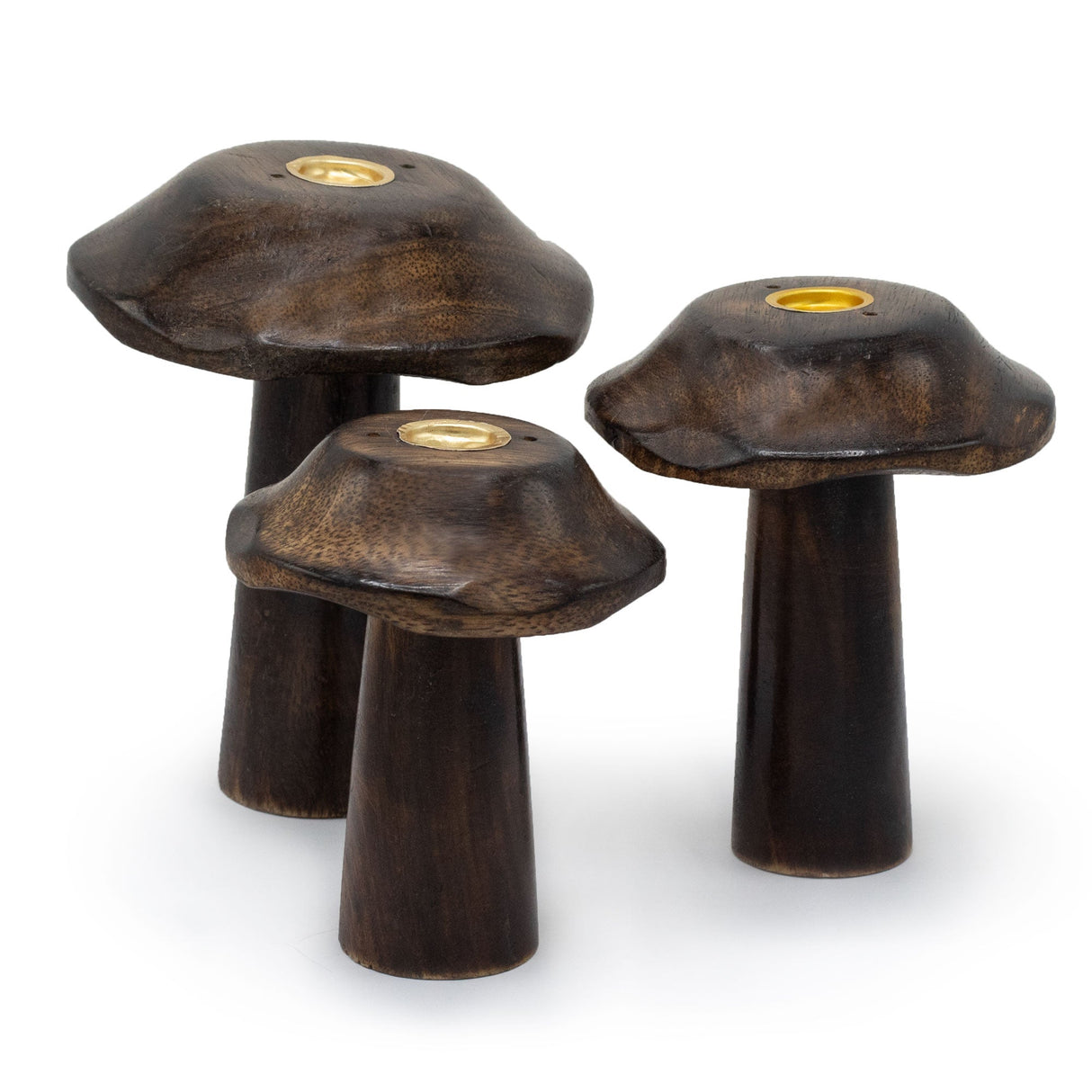 Set of 3 Wooden Mushroom Candle Holders with Brass Inserts - Decorative Home Décor (13cm, 12cm, 11cm) - SHAMTAM.COM