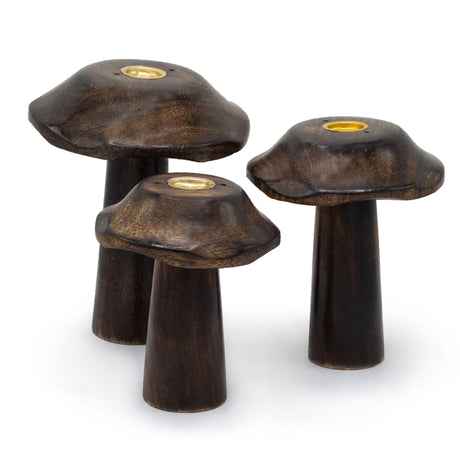 Set of 3 Wooden Mushroom Candle Holders with Brass Inserts - Decorative Home Décor (13cm, 12cm, 11cm) - SHAMTAM.COM