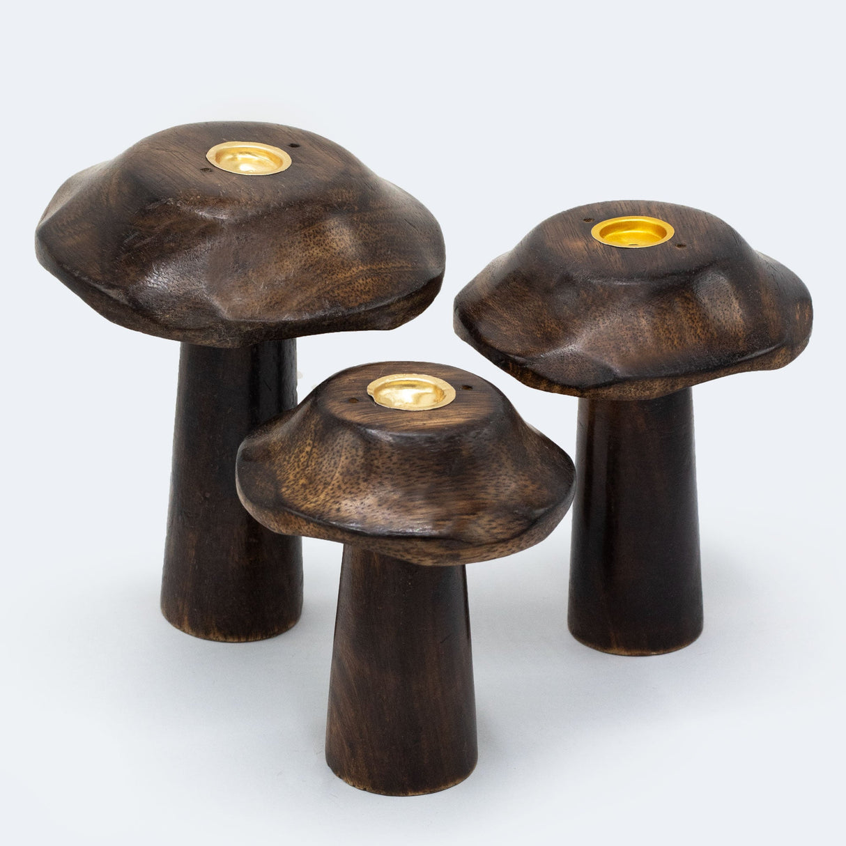 Set of 3 Wooden Mushroom Candle Holders with Brass Inserts - Decorative Home Décor (13cm, 12cm, 11cm) - SHAMTAM.COM