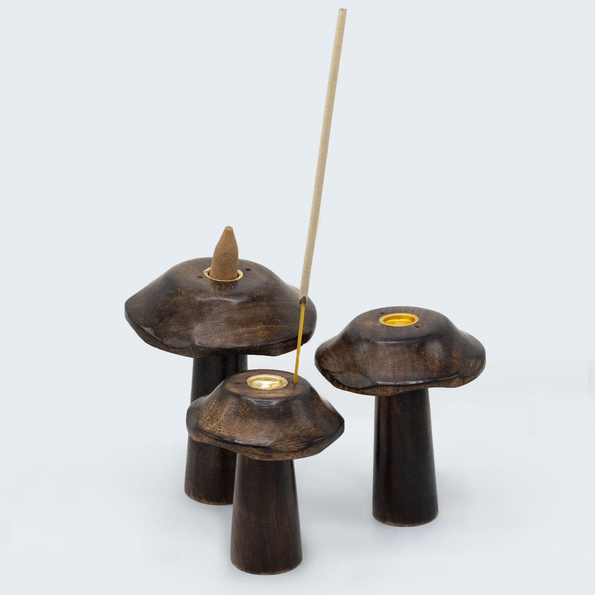 Set of 3 Wooden Mushroom Candle Holders with Brass Inserts - Decorative Home Décor (13cm, 12cm, 11cm) - SHAMTAM.COM