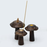 Set of 3 Wooden Mushroom Candle Holders with Brass Inserts - Decorative Home Décor (13cm, 12cm, 11cm) - SHAMTAM.COM