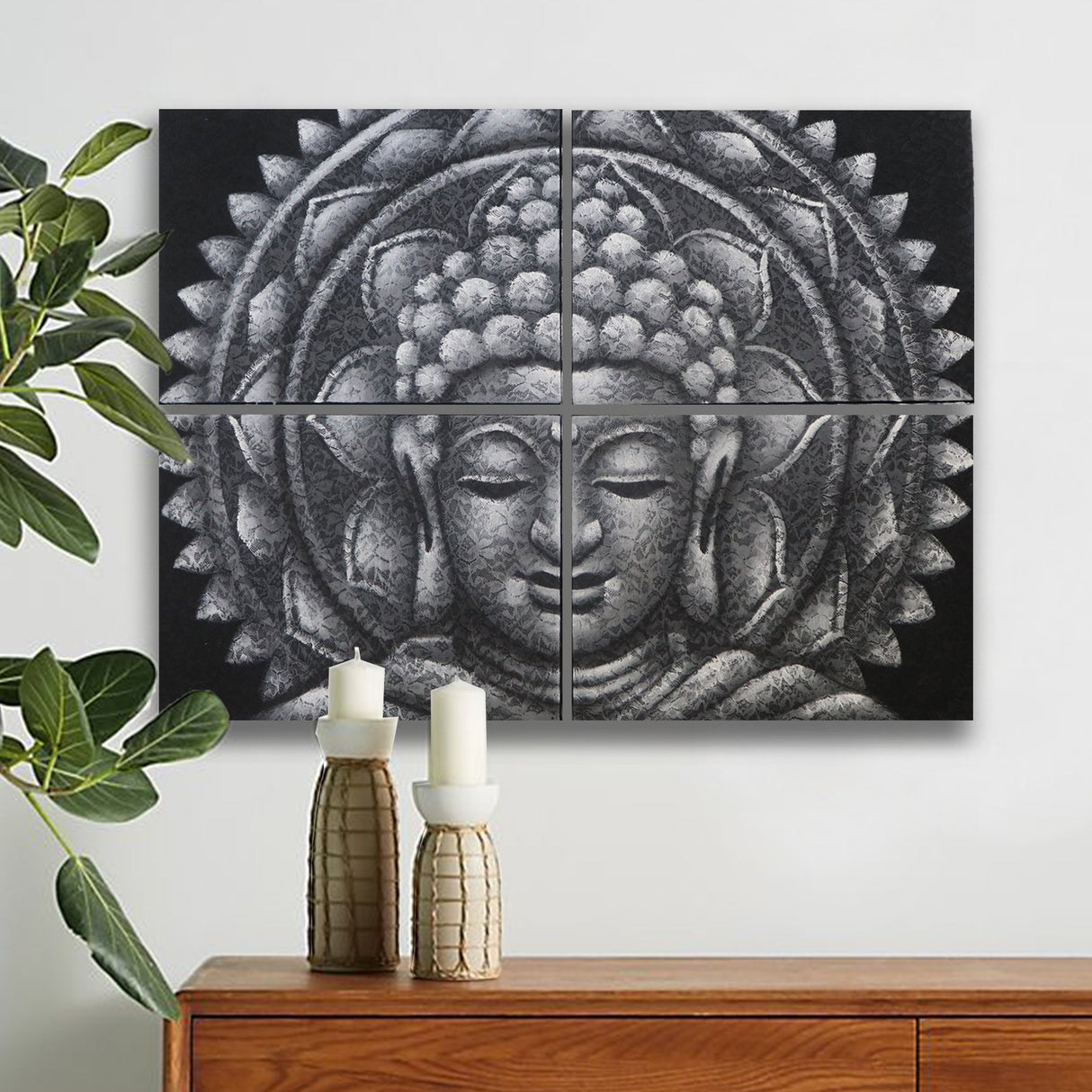 Set of 4 Grey Buddha Mandala Brocade Detail 30x40cm - SHAMTAM.COM