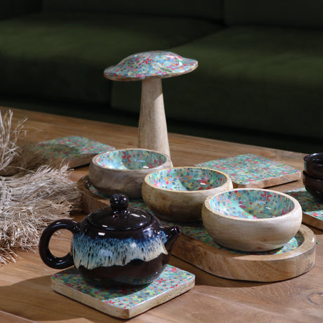 Set of 4 Mediterranean Tile Pattern Square Coasters with Wooden Edges - Colorful Mosaic Design - SHAMTAM.COM