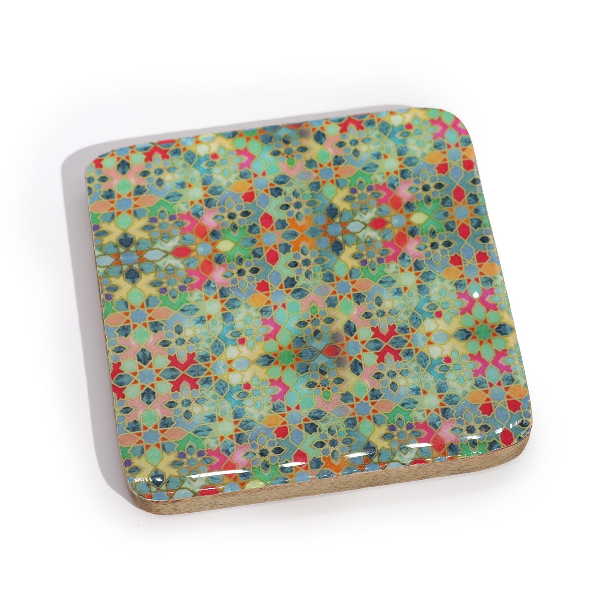 Set of 4 Mediterranean Tile Pattern Square Coasters with Wooden Edges - Colorful Mosaic Design - SHAMTAM.COM
