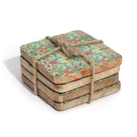 Set of 4 Mediterranean Tile Pattern Square Coasters with Wooden Edges - Colorful Mosaic Design - SHAMTAM.COM