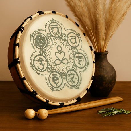 Shamanic Drum Chakra Design With Stick, 25cm - SHAMTAM.COM