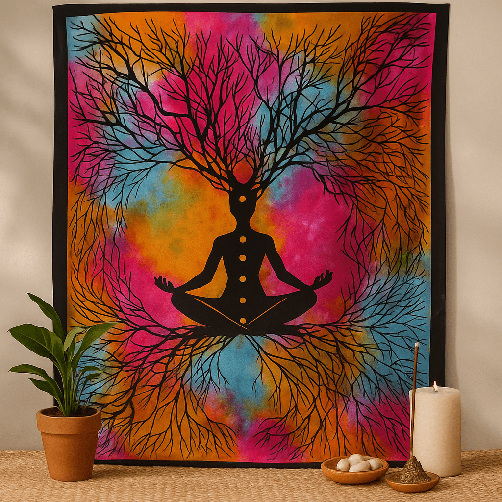 Single Cotton Bedspread and Wall Hanging, Yoga Tree - SHAMTAM.COM