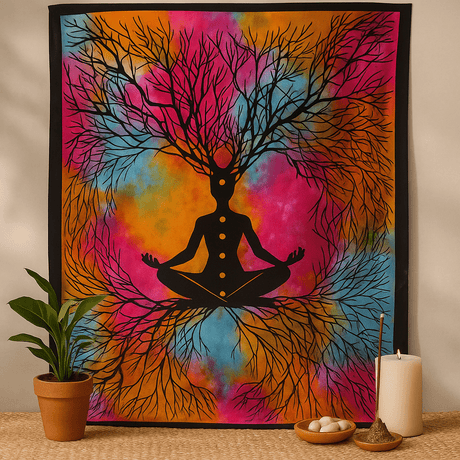 Single Cotton Bedspread and Wall Hanging, Yoga Tree - SHAMTAM.COM