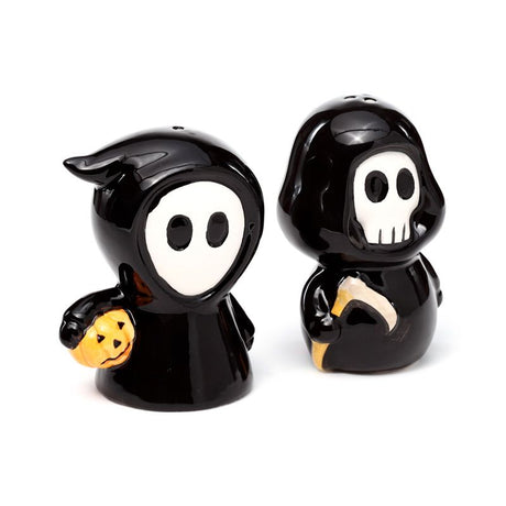 Skull Boy & Ghost Boy Halloween Ceramic Salt & Pepper Shaker Set - Cute Grim Reaper Design - SHAMTAM.COM