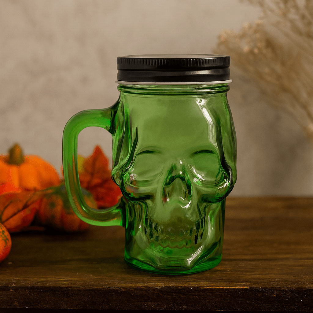 Skull Mason Jar With Lid Green 450ml - SHAMTAM.COM