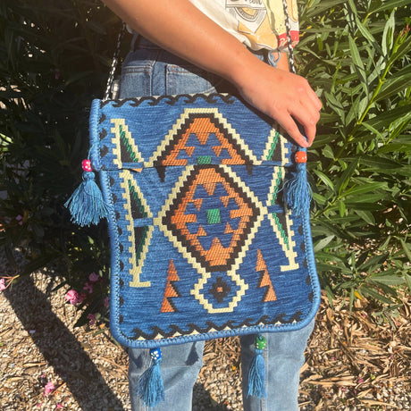 Boho Bag Messenger Sky Blue Kilim - SHAMTAM.COM