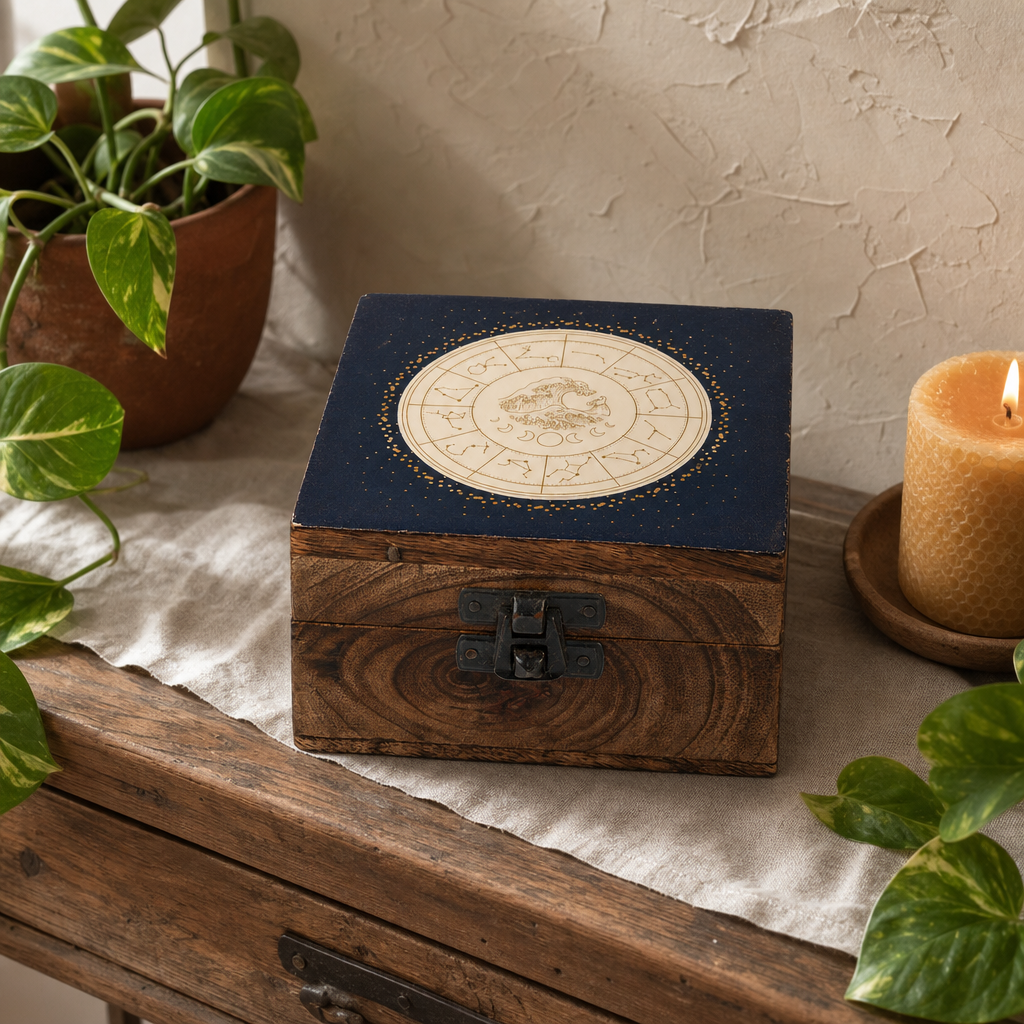 Small Enamelled Box - Aquarius — styled in a warm, naturally lit interior