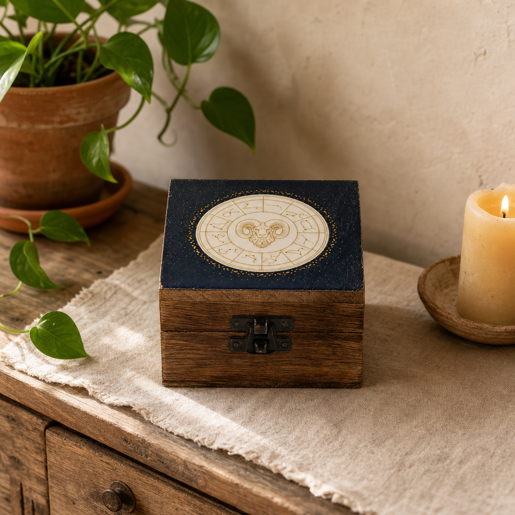 Small Enamelled Box - Aries — styled in a warm, naturally lit interior