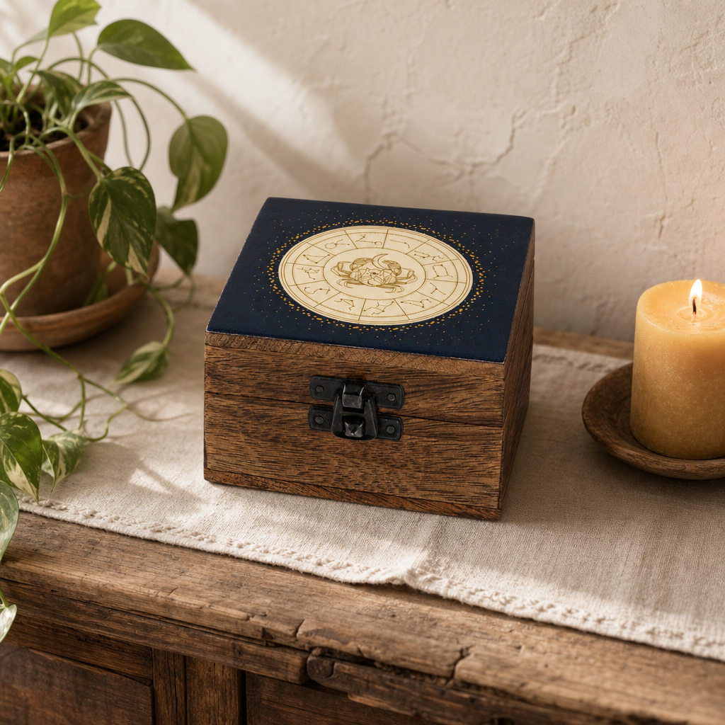Small Enamelled Box - Cancer — styled in a warm, naturally lit interior