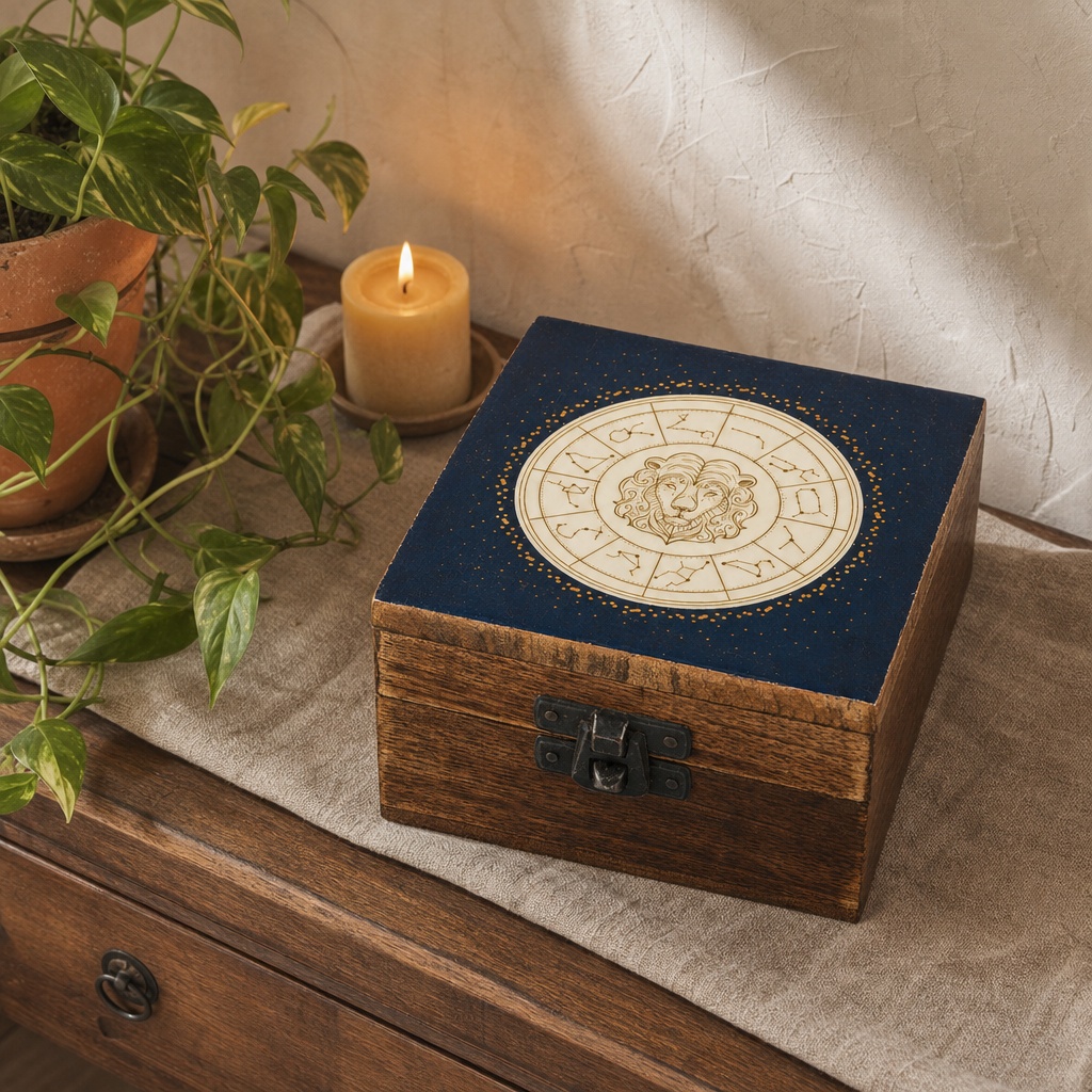 Small Enamelled Box - Leo — styled in a warm, naturally lit interior