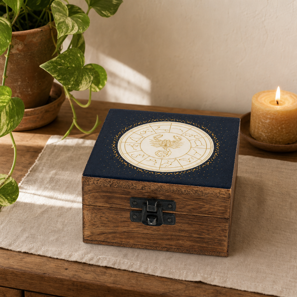 Small Enamelled Box - Scorpio — styled in a warm, naturally lit interior