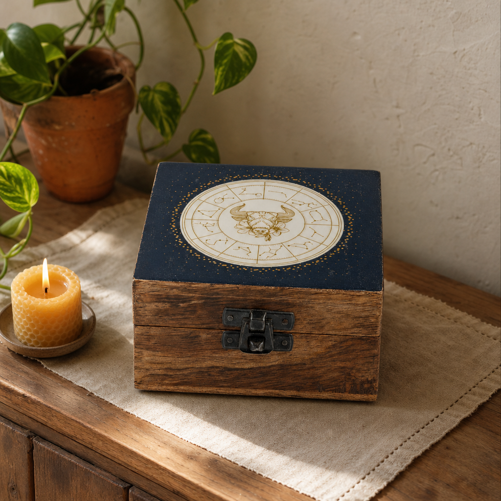 Small Enamelled Box - Taurus — styled in a warm, naturally lit interior