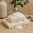 Bar of soap with lather on a soap dish with a vase and leaves in the background