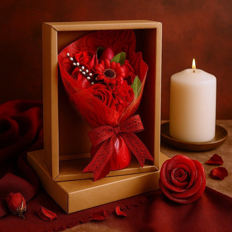 Bouquet of red roses in a box with a lit candle on a brown background