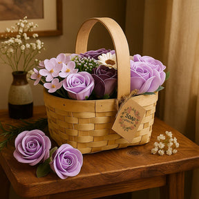 Basket of soap flowers with a tag on a wooden table
