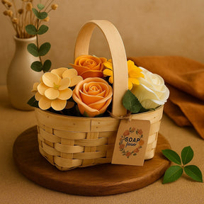 Decorative basket with soap flowers on a wooden surface
