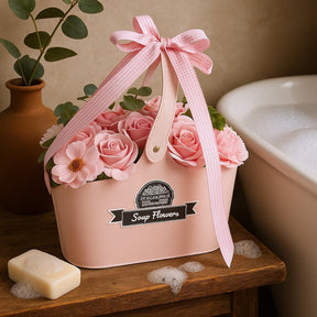 Pink basket of soap flowers with a bow on a wooden surface, next to a bathtub and plant.