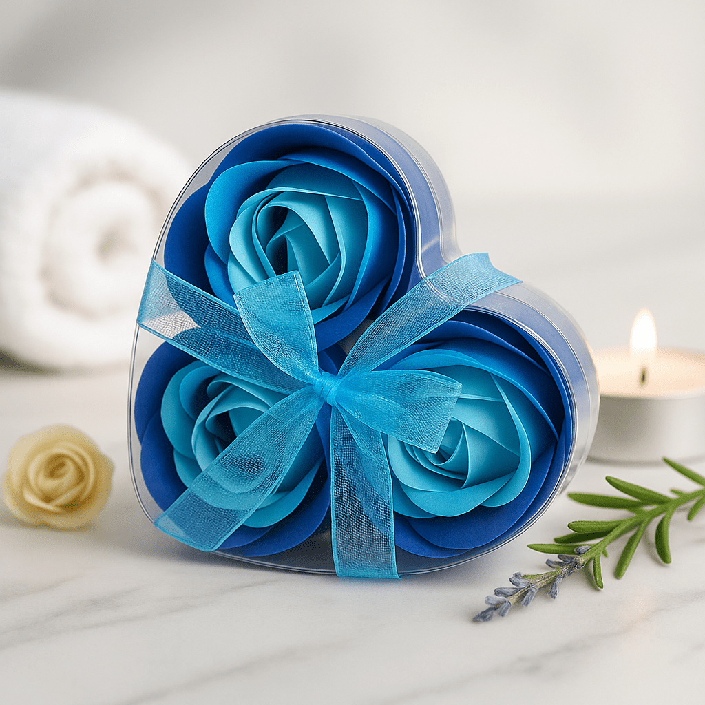 Soap Roses Heart Box Blue Set of 3 - SHAMTAM.COM