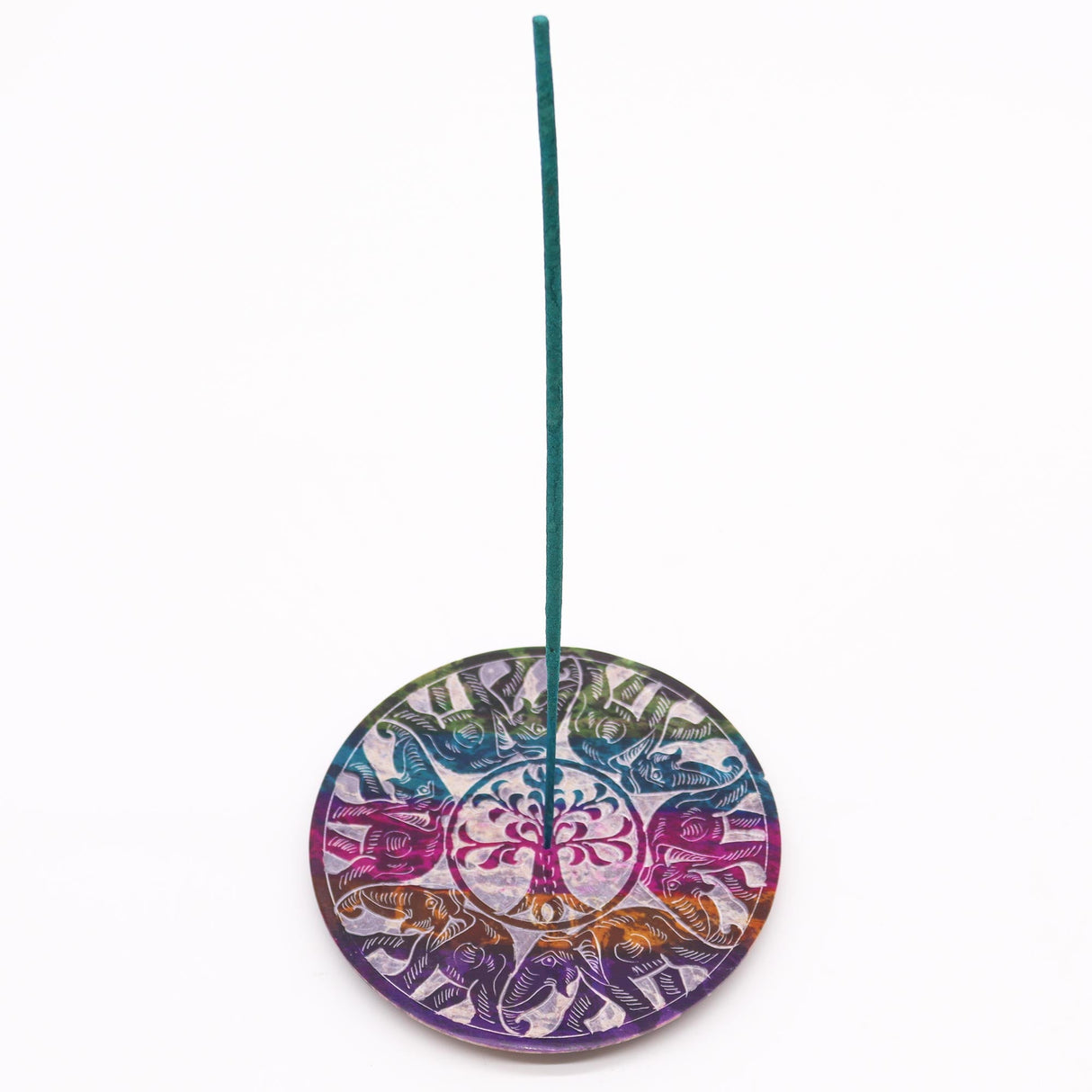 Soapstone Disc Incense Burner with 6 Lucky Elephants - Artistic Tree of Life Design for Serenity and Luck - SHAMTAM.COM