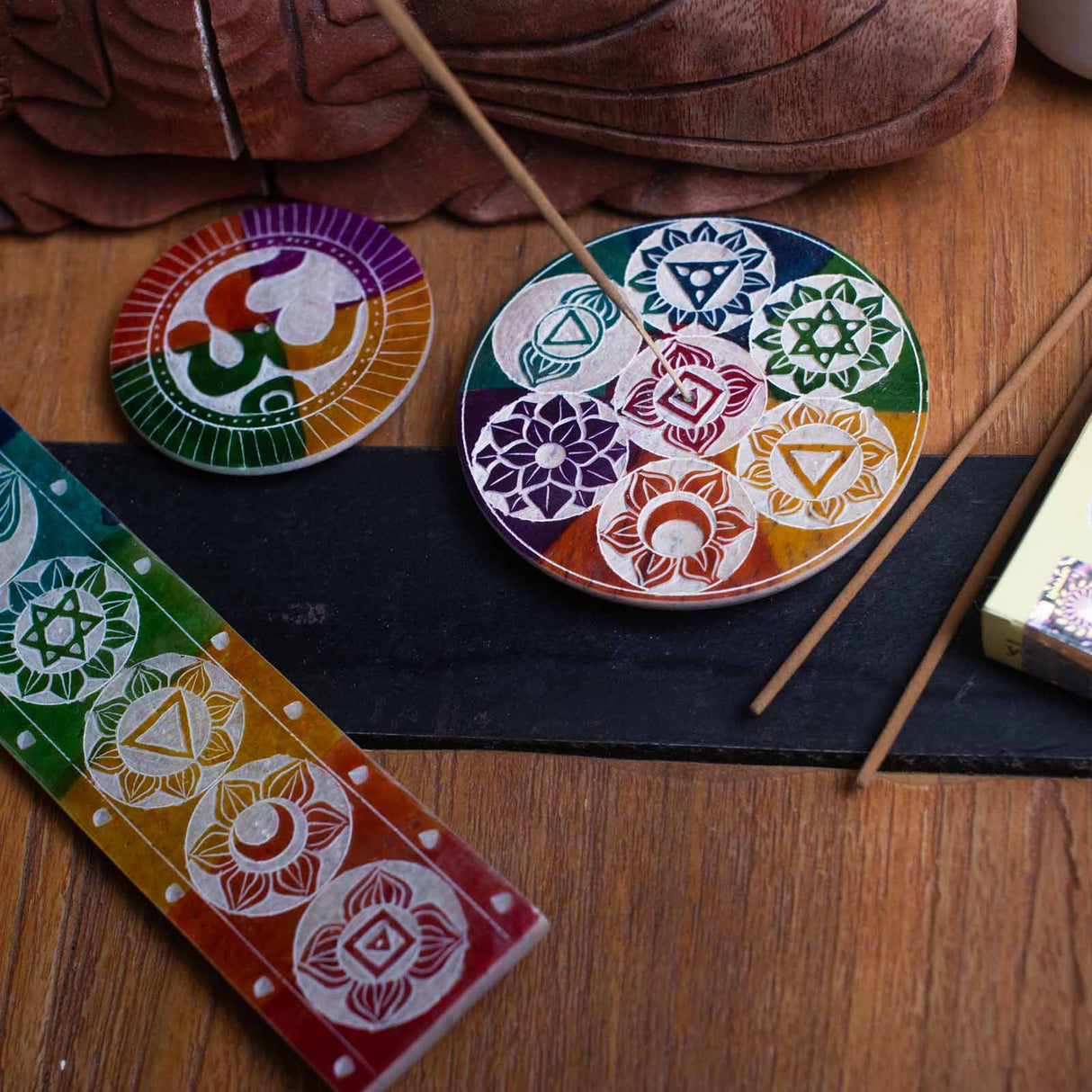 Soapstone Disc Incense Holder 10cm - Seven Chakra - SHAMTAM.COM