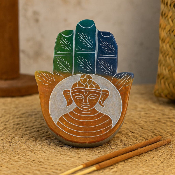 Suport pentru tămâie din piatră săpun, Hamsa cu gravură Buddha