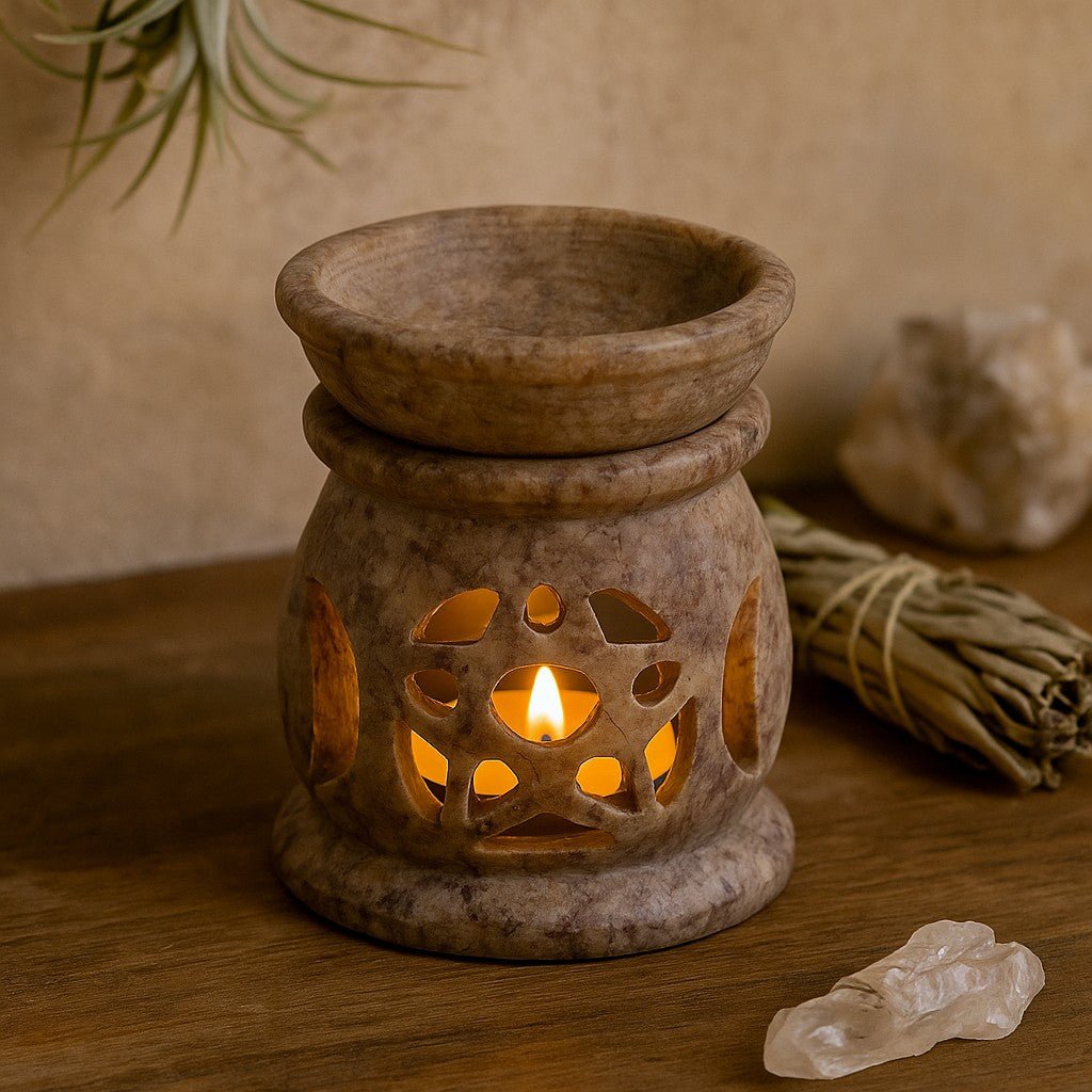 Soapstone Oil Burner 8cm Three Moon Pentagon - SHAMTAM.COM