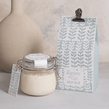 Candela di cera di soia in barattolo Kilner – Dolly Blue