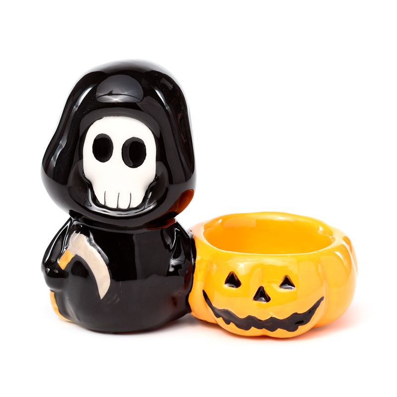Spooky Ceramic Skull Boy Tea Light Candle Holder with Grim Reaper and Pumpkin Design - Perfect Halloween Decor - SHAMTAM.COM