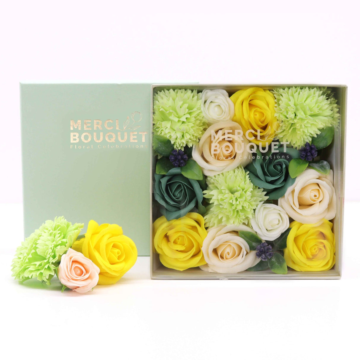 Soap Flowers Square Box - Spring Celibrations - Yellow & Greens - SHAMTAM.COM