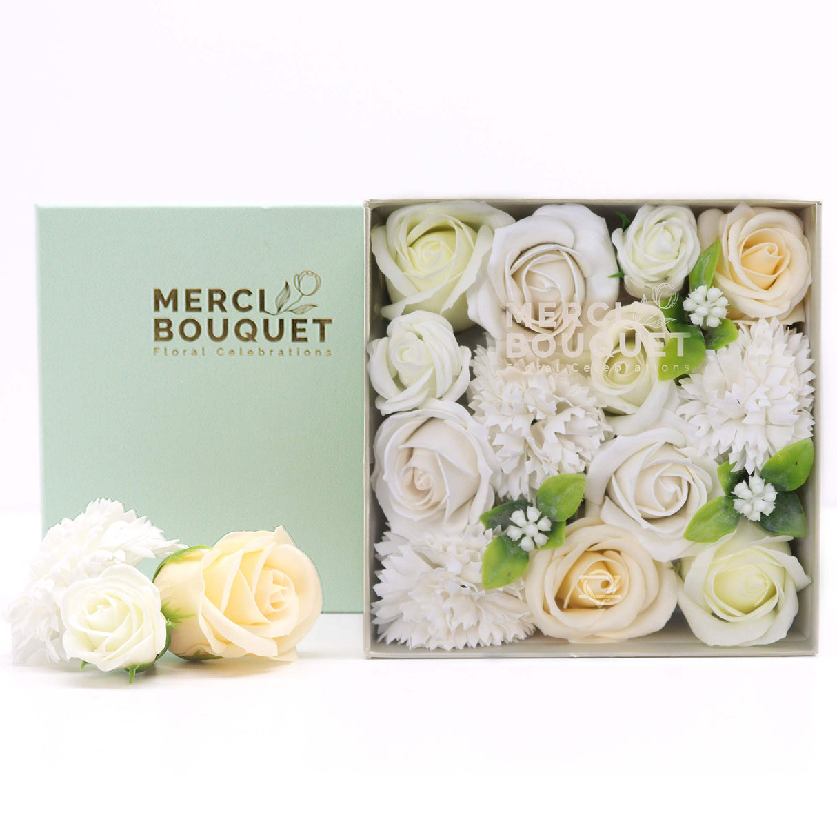 Soap Flowers Square Box - Wedding Blessings - White & Ivory - SHAMTAM.COM