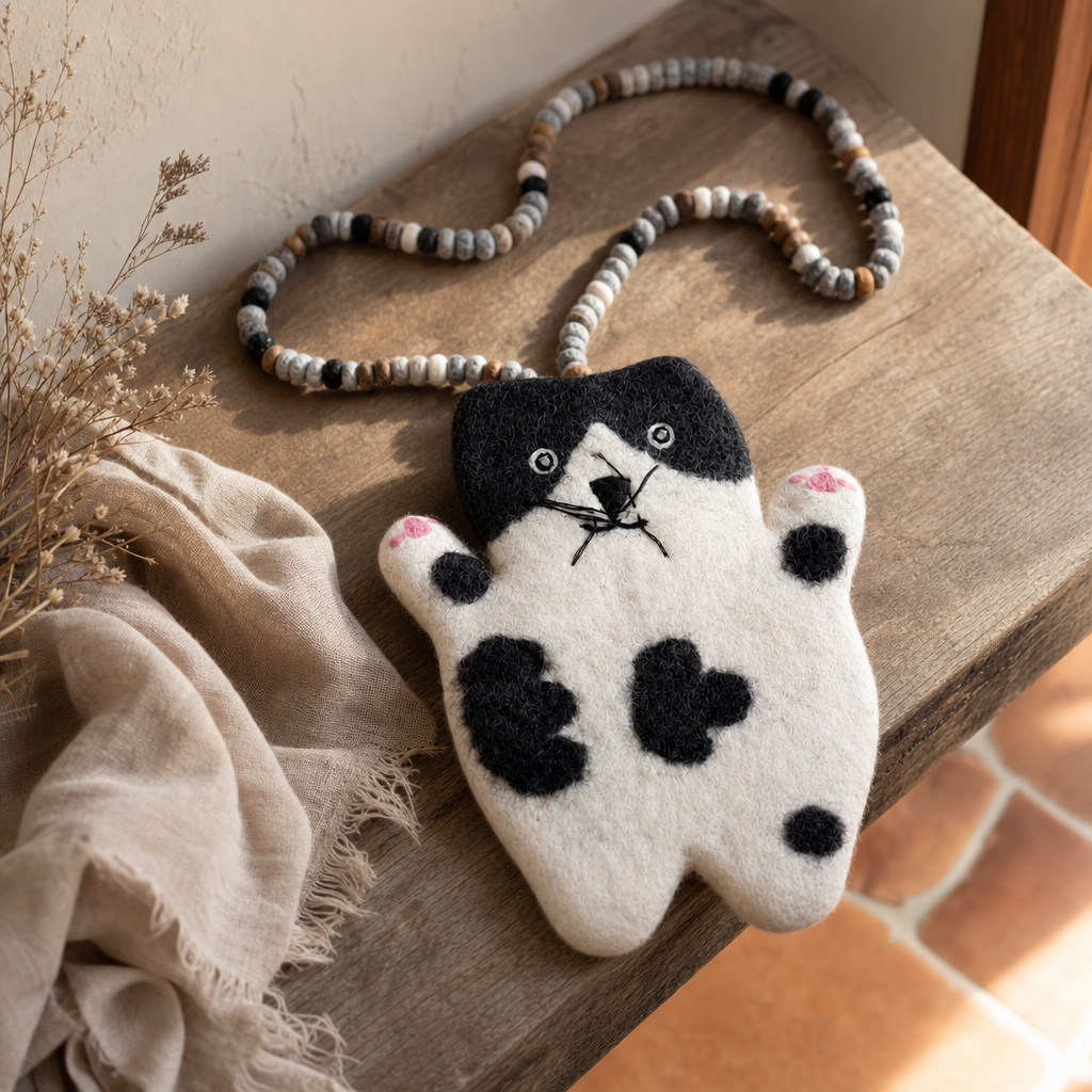 Stacy the Flat Cat Felted Bag — styled in a warm, naturally lit interior