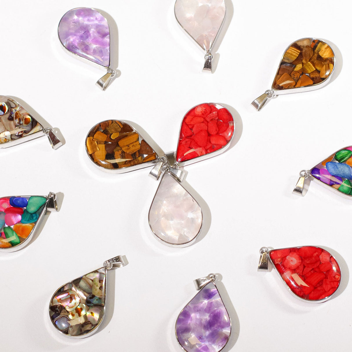 Steel Cased Pendant Teardrops - 12 Assorted Gemstone Chips & Shells (12 pcs) - SHAMTAM.COM