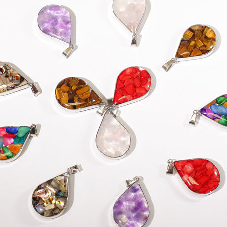 Steel Cased Pendant Teardrops - 12 Assorted Gemstone Chips & Shells (12 pcs) - SHAMTAM.COM