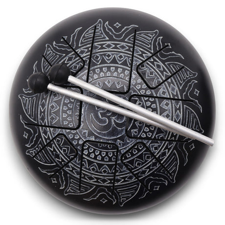 Med Hapi Drum Om Mandala Engraved Steel Tongue Drum - 22x15cm | Black Meditation Instrument with Mallets for Relaxation & Musical Performance - SHAMTAM.COM