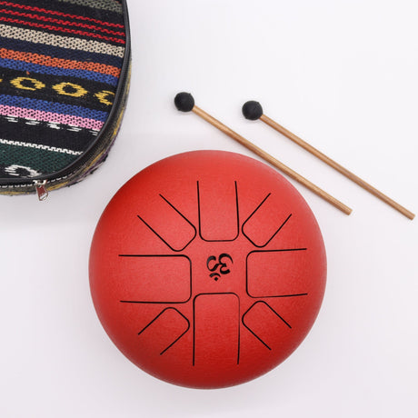 Med Hapi Drum Om Red - 22x16cm Steel Tongue Drum with Mallets - Textured Surface & Circular Tongue Design - SHAMTAM.COM