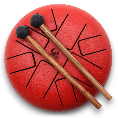 Med Hapi Drum Om Red - 22x16cm Steel Tongue Drum with Mallets - Textured Surface & Circular Tongue Design - SHAMTAM.COM
