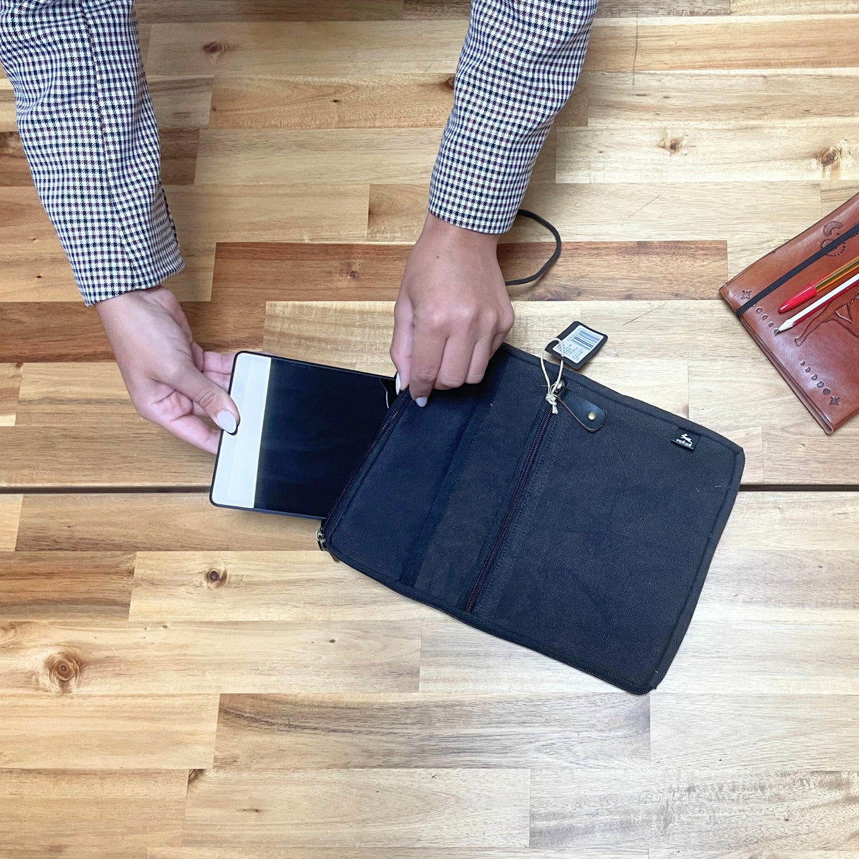 Stonewash Charcoal Tablet Pouch - Slim, Portable, and Stylish Cotton Organizer with Quick Access Design and Extra Side Pocket - SHAMTAM.COM