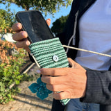 Stylish Green Striped Phone Holder Bag with Blue Flower Decor and Rope Strap - SHAMTAM.COM