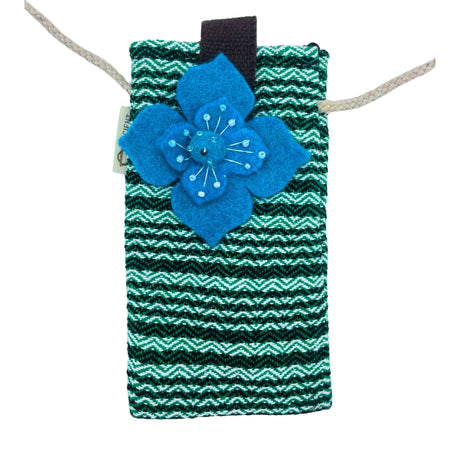 Stylish Green Striped Phone Holder Bag with Blue Flower Decor and Rope Strap - SHAMTAM.COM