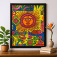 Colorful abstract artwork of a sun with decorative elements on a wall above a wooden shelf.