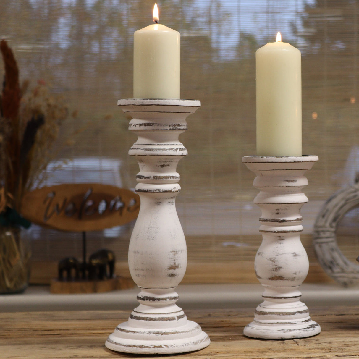 Tall Distressed Whitewash Mango Wood Candle Stand - Classic Vintage Home Decor 37x10cm - SHAMTAM.COM